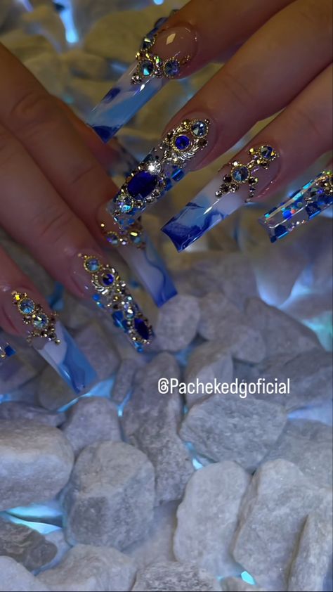 Elsa Nails Designs, Blue Virgo Birthday Nails, Blue And Gold Rhinestone Nails, Super Bling Nails, Glam Birthday Nails Blue, Blue Topaz Nails, Rhinestone Blue Nails, Quinceanera Nails Blue, Royal Blue And Gold Acrylic Nails