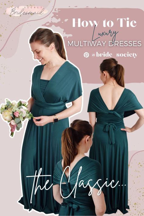 Dark green, full length bridesmaid luxury multiway dress in 3 different styles. Infinity Dress Accessories, Infinity Dress Ways To Wear Big Bust, Multiway Dress Tutorial, Multi Way Dress Styles, Multiway Dress Styles, Infinity Dress Ways To Wear, Convertible Wrap Dress, Bridesmaid Wrap, Wrap Dress Bridesmaid