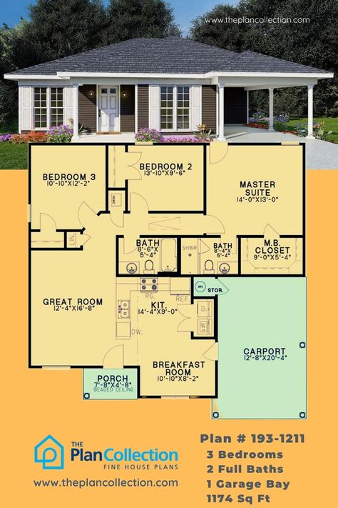 Step into the charm of traditional ranch living with this 1-floor, 3-bed home featuring 1174 sq ft of inviting space. The open floor plan is accentuated by large windows, filling each room with natural light. Discover the convenience of a single-story home, complete with 3 bedrooms and a laundry area adjacent to the kitchen. Extra storage in the carport adds practicality to this classic design. Embrace the timeless appeal of one-story ranch. #ranchhouseplans #traditionalhouse #HomePlans Single Story Small House Plans, 3 Bedroom Single Floor House Plans, Single Story 3 Bedroom Floor Plans, Narrow Lot House Plans Open Floor One Story, Tiny House 3 Bedroom Floor Plans, Small Single Family Home, Kitchen Extra Storage, Small 3 Bedroom House Plans One Story, Midcentury House Plans