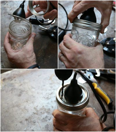 Discard any metal shards that may fall into the jar after drilling. Industrial Modern Lighting, Mason Jar Pendant Light, Diy Mason Jar Lights, Mason Jar Light Fixture, Lighting Updates, Arched Cabin, Cow Shed, Mason Jar Light, Diy Pendant Light