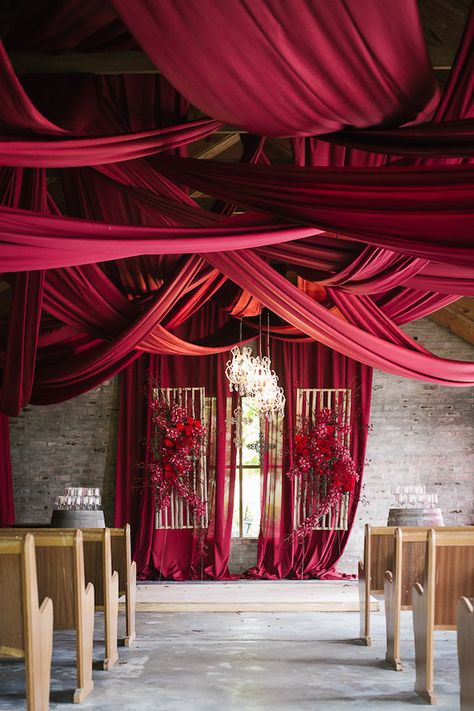 Burgundy Wedding Ceremony Decor - Photography: Tasha Seccombe Wedding Draping, Red Drapes, Burgundy Bridesmaid, Wedding Event Design, Burgundy Bridesmaid Dresses, Chinese Wedding, Ceremony Backdrop, Wedding Ceremony Decorations