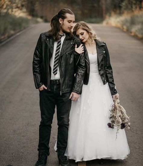 Rocker Groom Attire, Biker Groom Attire, Punk Rock Engagement Photos, Metal Head Wedding, Alternative Groom Attire, Alternative Groom, Rocker Wedding, Punk Wedding, Biker Wedding