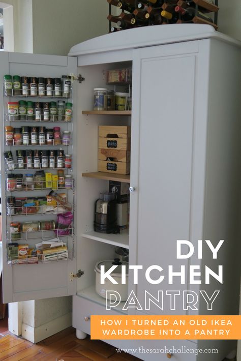 www.thesarahchallenge.com diy kitchen pantry Armoire For Kitchen Storage, Upcycled Pantry Cabinet, Wardrobe Kitchen Storage, Armoire Pantry Diy, Wardrobe To Pantry, Wardrobe To Larder Cupboard, Wardrobe In Kitchen, Diy Larder Cupboard, Diy Kitchen Pantry Cabinet Freestanding