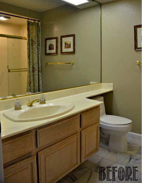 Choices Transform a Typical '80s Bathroom - GoodHousekeeping.com 1980s Bathroom, 80s Bathroom, Guest Bathroom Makeover, Cultured Marble Countertops, White Wainscoting, Guest Bathroom Remodel, Bathroom Decor Colors, Bathroom Transformation, Decor Color Schemes