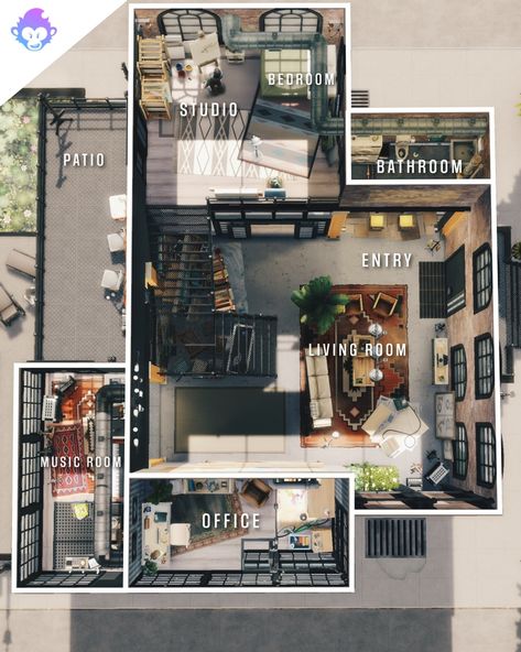 Sims 4 City Living Apartments, Loft Apartment Layout, Loft Apartment Floor Plan, Industrial Loft House, Sims 4 Penthouse, Loft Apartment Industrial, Sims 4 Loft, Loft Layout, Loft Floor Plans