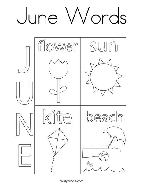 June Words Coloring Page - Twisty Noodle June Worksheets For Preschool, June Preschool Activities, June Worksheets, June Coloring Pages, Activity Binder, June Activities, Handwriting Worksheets For Kids, Pre K Worksheets, Infant Lesson Plans