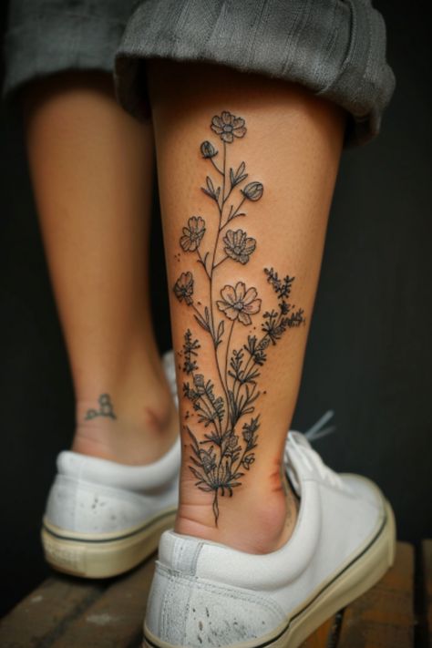 Explore breathtaking wildflower tattoo ideas for women that beautifully exemplify the essence of nature. These delicate floral designs are perfect for anyone looking to add a touch of elegance and vibrancy to their body art collection. Whether you prefer small, dainty wildflowers or intricate, colorful arrangements, there is a design out there that will perfectly capture your unique style and personality. Adorn yourself with the beauty and symbolism of wildflowers with these stunning tattoo insp Wildflower Tattoo On Ankle, Wildflower Armband Tattoo, Nature Witchy Tattoos, Lower Leg Flower Tattoos Women, Wild Flower Tattoo Ideas, Tattoo Ideas Female Boho, Wild Flower Vine Tattoo, Tattoo Arm Fillers, Flower Tattoos For Arm