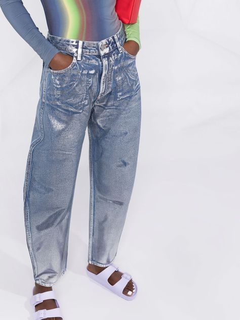 Disco Jeans, Metallic Denim, Pastel Jeans, High Waisted Boyfriend Jeans, Statement Pants, Metallic Jeans, Moda Jeans, Denim Inspiration, Rainbow Fashion