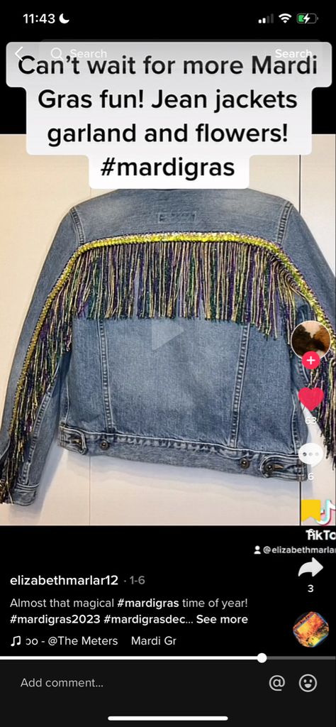 Mardi Gras Jacket Diy, Diy Mardi Gras Pants, Mardi Gras Painted Jeans, Mardi Gras Diy Outfit, Mardi Gras Jean Jacket, Mardi Gras Jeans, Diy Mardi Gras Outfit, Mardi Gras Outfits For Women, Mardi Gras Parade Outfit