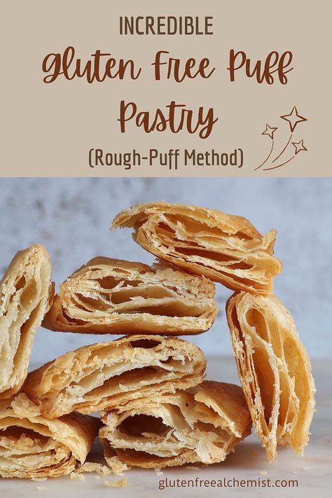 INCREDIBLE Gluten Free Puff Pastry of dreams (using rough puff method). It’s light, flaky, buttery and crisp. #glutenfree #eggfree optional #dairyfree and #vegan #puffpastry #roughpuffpastry #glutenfreepastry #ingredients #pastry via @gfalchemist Gluten Free Rough Puff Pastry Recipes, Gluten Free Rough Puff Pastry, Gluten Free Puff Pastry Dough, Gluten Free Vegan Puff Pastry, Gluten Free Croissant Recipe, Gluten Free Puff Pastry Recipe, Gluten Free Pastry Dough, Puff Pastry Danish, Gf Pastry