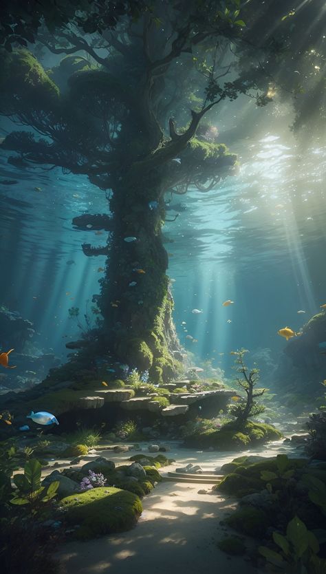 Underwater Forest Art, Water Magic Fantasy Art, Underwater Kingdom Fantasy Art, Dream World Aesthetic, Underwater World Drawing, Fantasy World Forest, Fantasy World Landscapes, Underwater Library, Ocean Fantasy Art