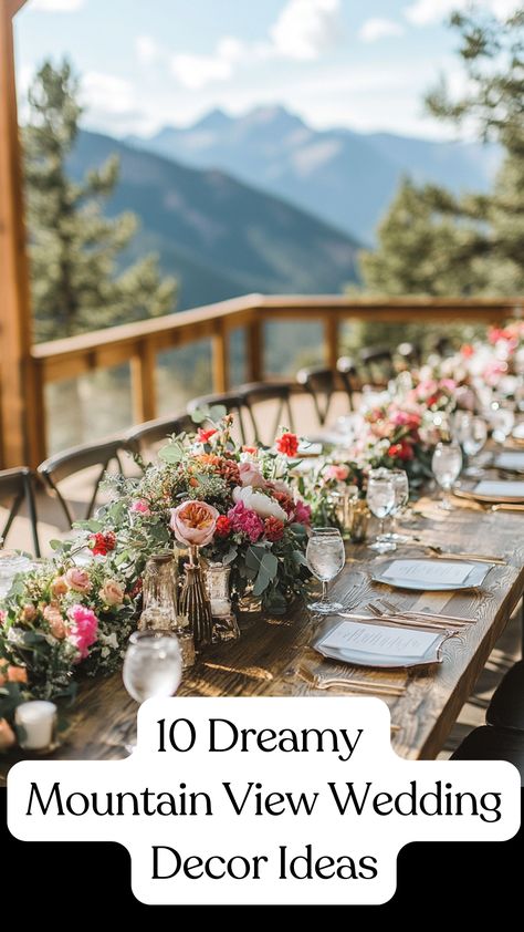 Beautiful mountain view wedding decor with rustic accents and elegant floral arrangements, perfect for an outdoor celebration. Wedding Ceremony Mountain Backdrop, Bohemian Mountain Wedding, Chic Mountain Wedding, Mountain Outdoor Wedding, Cheap Mountain Wedding, Outdoor Wedding Mountains, Summer Mountain Wedding Decor, August Mountain Wedding, June Mountain Wedding