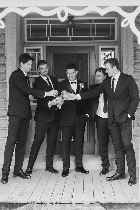 Groom and groomsmen cheers as they finish getting ready at Evermore Weddings and Events in Almonte Ontario photographed by Brittany Navin Photography, an Ottawa Ontario wedding photographer Groomsmen Get Ready Photos, Groomsmen Photo Ideas Getting Ready, Wedding Guys Getting Ready, Groomsman Photos Getting Ready, Groomsmen Photoshoot Before Wedding, Groomsmen Getting Ready, Timeless Color Palette, Bridal Prep, Wedding Day Timeline