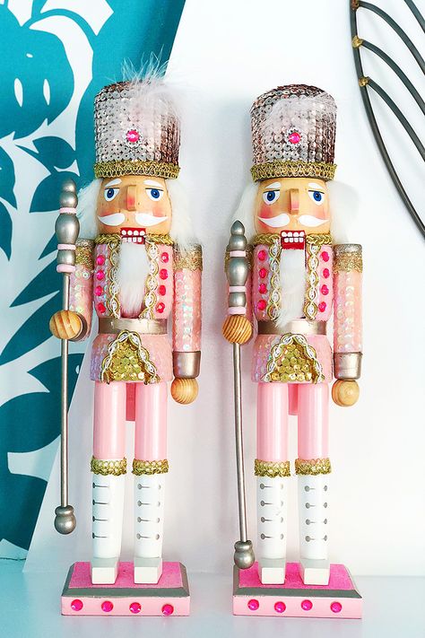 two pink nutcrackers Pink Nutcracker Christmas, Rose Gold Christmas Decorations, Pink Nutcracker, Nutcracker Christmas Decorations, Retro Christmas Decorations, Rose Gold Christmas, Pink Xmas, Gold Christmas Decorations, Pink Christmas Decorations