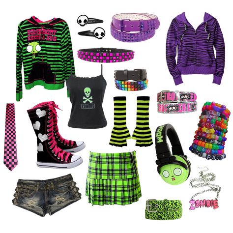 Scene kid gir leopard print alternative green pink purple Purple Scene Outfits, Scene Kid Outfits, Scene Clothes, Scene Clothing, Kid Outfit, Alt Fits, Emo Fits, Emo Clothes, Scene Style