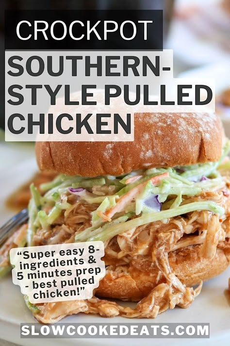 Southern Pulled Chicken Crock Pot Recipe - BBQ taste made easy! Pulled Chicken Crock Pot Recipes, Crockpot Pulled Chicken, Pulled Chicken Recipes, Bbq Pulled Chicken, Shredded Chicken Crockpot, Pulled Chicken Sandwiches, Shredded Bbq Chicken, Summer Crockpot Recipes, Bbq Chicken Crockpot