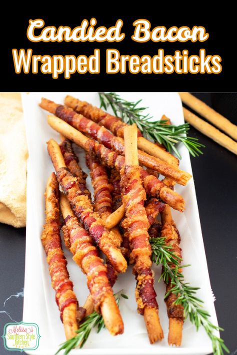 Pretzel Bacon Wraps, Sweet Bread Sticks, Bacon Wrapped Breadsticks Brown Sugar, Bacon Swizzle Sticks, Breadstick Appetizers, Bacon Wrapped Pretzel Rods, Candied Bacon Twists, Bacon Breadsticks, Bacon Wrapped Breadsticks