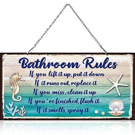 Seashell Bathroom Decor, Seashell Bathroom, Bathroom Rules Sign, Relaxing Bathroom, Bathroom Wall Decor Art, Decor For Bathroom, Starfish Decor, Bathroom Rules, Beach Bathroom Decor