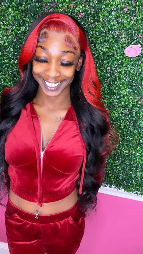 Red Highlights On Wig, Black Wig With Red Skunk Stripe, Wig With Red Skunk Stripe, Wigs With Red Highlights Black Women, Black And Red Wigs For Black Women, Skunk Stripe Sew In, Red And Black Sew In, Wig With Skunk Stripe, Red Skunk Stripe Wig