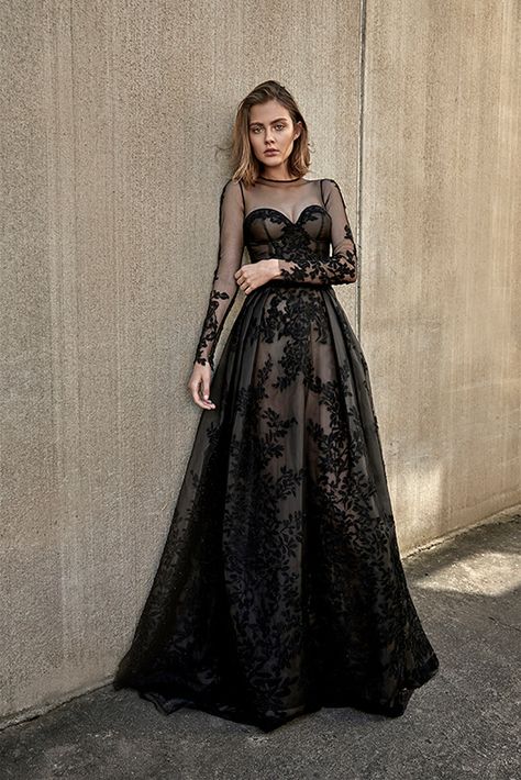 Sheer Black Wedding Dress, Dress With Sheer Sleeves, Black Wedding Gowns, Casual Wedding Guest Dresses, Floor Length Prom Dresses, Gothic Wedding, Black Wedding Dresses, Halloween Wedding, A-line Wedding Dress