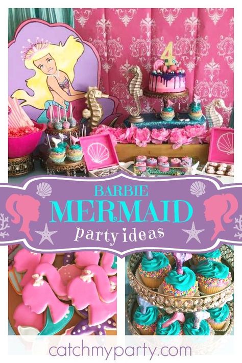 Don't miss this lovely Barbie Mermaid inspired birthday party! The cookies are so much fun!! See more party ideas and share yours at CatchMyParty.com #catchmyparty #partyideas #mermaidbirthdayparty #barbiebirthdayparty #underthesea #girlbirthdayparty Barbie Mermaid Birthday Party Ideas, Barbie Mermaid Party Ideas, Barbie Mermaid Birthday, Conjoined Birthday Party Ideas, Mermaid Barbie Party, Barbie Mermaid Cake, Mermaid Barbie Birthday Party, Barbie Mermaid Birthday Party, Mermaid Barbie Cake