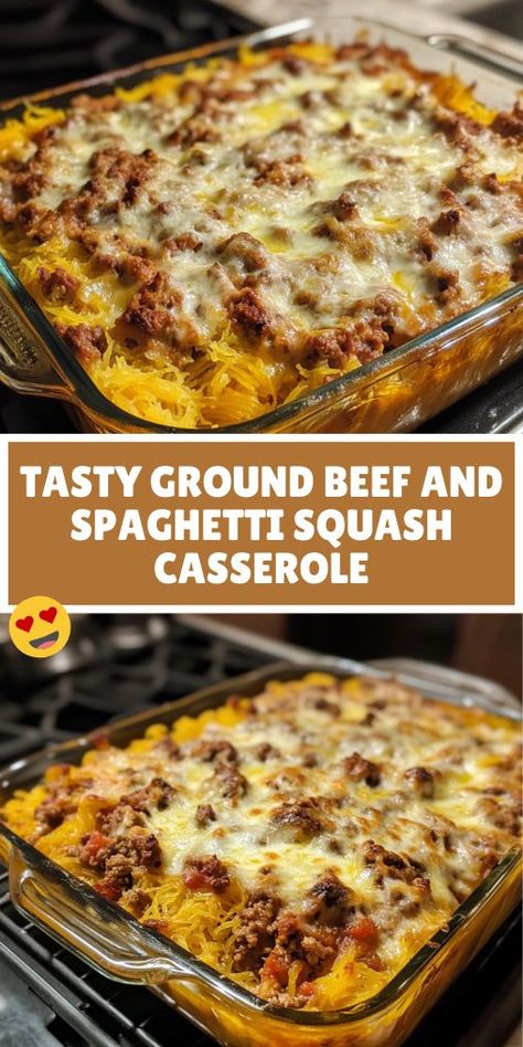 A baked Ground Beef And Spaghetti Squash Casserole in a glass dish, topped with melted cheese and ground beef, highlighting a savory casserole recipe combining spaghetti squash and hearty ground beef. Beef And Spaghetti Squash, Beef Spaghetti Squash, Ground Beef Spaghetti, Spaghetti Squash Carbonara, Beef Spaghetti, Spaghetti Squash Recipes Easy, Spaghetti Squash Casserole, Squash Casserole Recipes, Easy Ground Beef