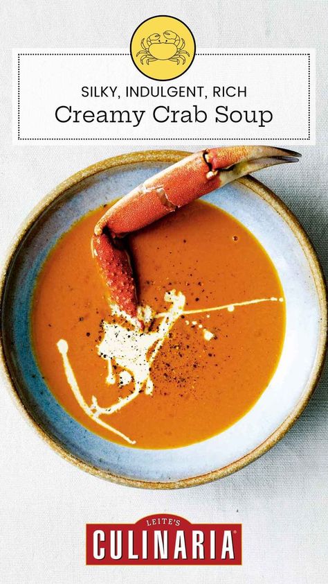 A bowl of crab soup, drizzled with cream, and sprinkled with pepper, with a crab leg sticking out of it. Soup With Heavy Cream, Creamy Crab Soup, Crab Soup Recipe, Roasted Pepper Soup, Crab Soup Recipes, She Crab Soup, Irish Beef Stew, Creamy Crab, Crab Soup