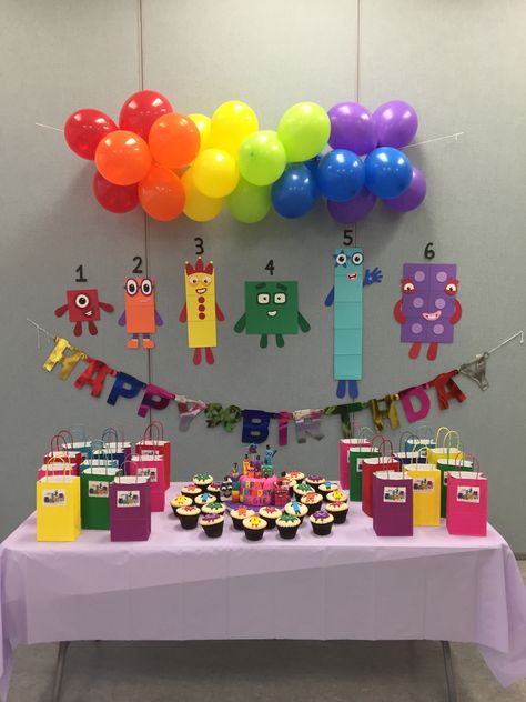 Number Blocks Balloons, Numberblock Party Ideas, Numberblock Birthday Theme, Numberblocks Balloons, Numberblocks Birthday Party Food, Alphablocks Birthday Party, Numberblocks Party Ideas, Number Blocks Birthday Party Ideas, Number Blocks Party Ideas