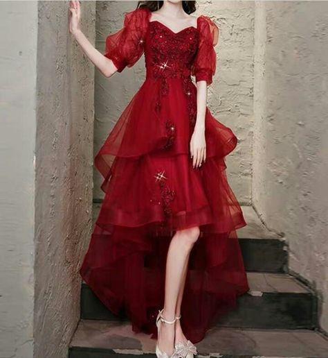 Red Fantasy Outfit, Korean Red Dress, Red Dress Cute, Ruby Red Dress, Symphony Dress, Embroidery Bow, Prom Dresses 2023, Red Princess, High Low Prom Dresses