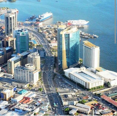 Aerial view of the water front Port-of-Spain Trinidad.  The Hyatt,  Twin Towers,  Water Taxi Port Of Spain Trinidad, Caribbean Vibes, Island Gyal, Water Taxi, Trinidad Tobago, Port Of Spain, Exotic Places, Caribbean Travel, Twin Towers