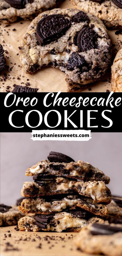 Desserts And Sweets, Deep Dish Smores Cookies, Cookies And Cream Cheesecake Cookies, Cookie Recipes Cheesecake, Office Baking Ideas, Cheesecake Oreo Cookies, Good Cookies To Make, Cookies N Cream Recipes, Stuffed Cheesecake Cookies