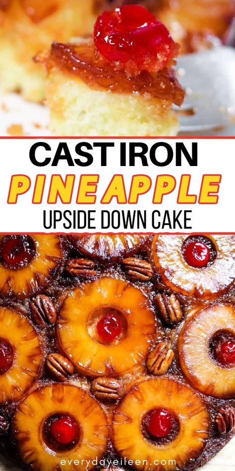 This is the BEST Pineapple Upside Down Cake made in a cast-iron skillet or cake pan. Moist yellow cake with caramelized pineapples and maraschino cherries. An easy dessert recipes that everyone loves and looks stunning on your dessert table! Betty Crocker Pineapple Upside Down Cake Recipe, Cast Iron Skillet Pineapple Upside Down, Pineapple Upside Down Cake Recipe From Scratch Homemade, Betty Crocker Pineapple Upside Down Cake, Pineapple Upside Down Cake Cast Iron, Iron Skillet Pineapple Upside Down Cake, Pineapple Upside Down Cake In Cast Iron Skillet, Pineapple Upside Down Cake Recipe Cast Iron, Cast Iron Pineapple Upside Down Cake