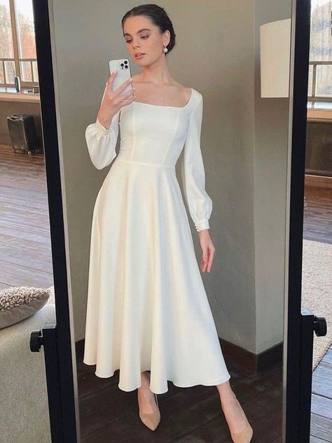 Civil Wedding Dresses Classy, White Engagement Dress, Simple Engagement Dress, Square Neckline Wedding Dress, White Elegant Dress, White Engagement Dresses, Simple Wedding Dress Short, Neckline Wedding Dress, Wedding Dress Simple