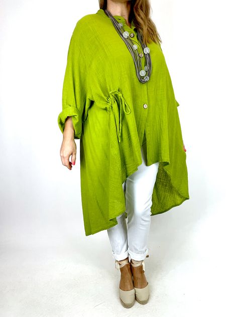 Lagenlook Macy Ruche Shirt in Lime. code 91608 Italy Clothing, Lagenlook Clothing, Plus Size Boho, Italy Outfits, Clothing Plus Size, Button Shirt, Office Wear, Plus Size Clothing, One Size Fits All