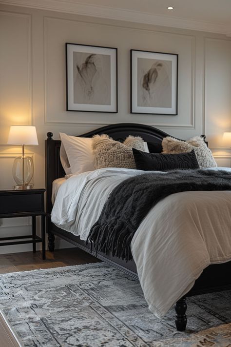 bedroom design, black and neutral bedrooms, bedroom decor, bedroom inspo, neutral bedrooms Black And Sand Bedroom, Dark Neutral Bedroom Aesthetic, Beige Bedroom Black Accents, Neutral And Black Bedroom Decor, Black And White Rustic Bedroom, Black And Beige Bedroom Decor, Black And Oak Bedroom, Taupe And Black Bedroom, Neutral Bedroom Black Accents