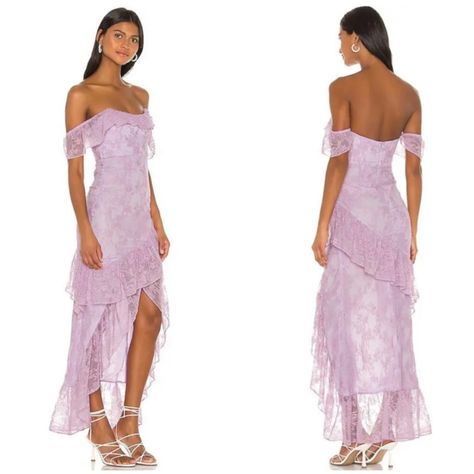 Lovers + Friends Rosewater Lace Gown In Lilac Purple Size Medium High-Low Hem Floral Lace Fabric Boned Bodice Ruffle Trim Off The Shoulder Neckline Brand New With Tags Approximate Measurements: Armpit To Armpit: 16” Waist: 28” Length Front: 37” Length Back: 60” Tags: Maxi, Revolve, Dress, Midi, Event, Special Occasion, Wedding Guest, Spring, Summer, Elegant, Feminine Bin 7 Spring Formal Dresses Long, Lavender Long Dress, Purple Wedding Guest Dresses, Long Dress Bridesmaid, Wedding Guest Spring, Revolve Dress, Blue High Low Dress, Ethereal Fairy, Gown Purple