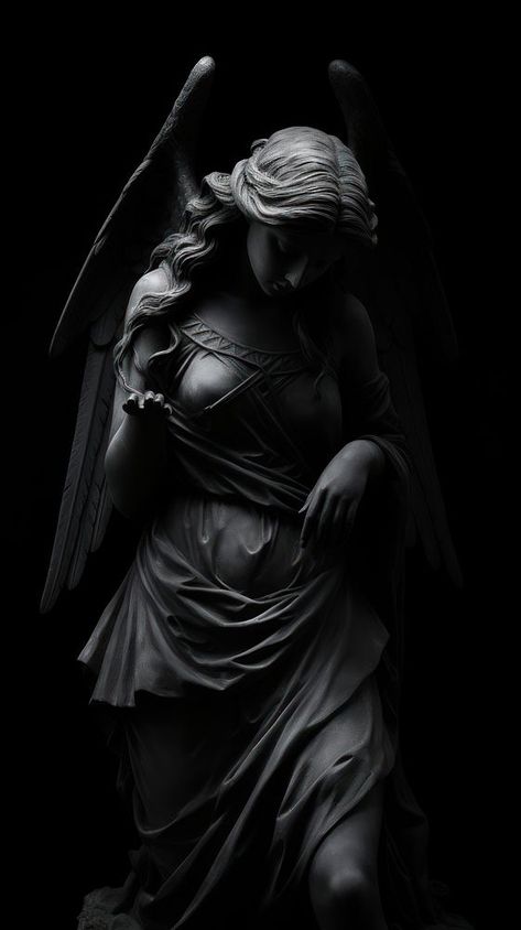 Photography of statue angel black white representation. | free image by rawpixel.com / Bambamfefe Black Angel Statue, Black Cool Wallpaper Iphone, Black Angel Wallpaper, Angel Statue Wallpaper, Goth Core Wallpaper, Statue Wallpaper Iphone, Dark Angel Aesthetic Wallpaper, Wings Wallpaper Aesthetic, Black Angel Aesthetic