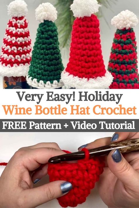 Crochet Christmas Wine Bottle Cozy, Crochet Bottle Toppers, Crochet Wine Bottle Cover Free Pattern, Wine Bottle Toppers Diy, Halloween Wine Bags, Crochet Wine, Santa Hat Pattern, Holiday Wine Bottles, Crochet Santa Hat