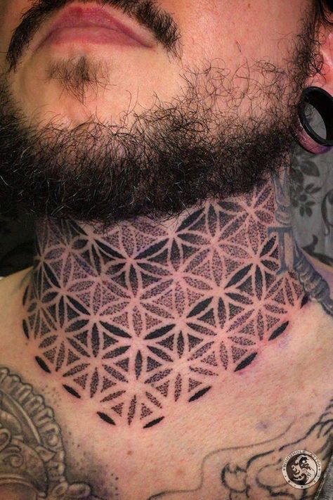 Dot Work Neck Tattoo Men, Flower Of Life Throat Tattoo, Geometric Throat Tattoo Men, Neck Dotwork Tattoo, Geometric Neck Tattoo For Women, Pattern Neck Tattoo, Mandala Throat Tattoo Men, Dot Work Neck Tattoo, Ornamental Tattoo Neck