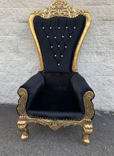 Black Throne chair (Tall Back) | Rental Black Throne Chair, Quinceanera Chair, Black Throne, 18th Birthday Dress, Princess Chair, Unique Apartment, Birthday Chair, Purple Quince, King Chair