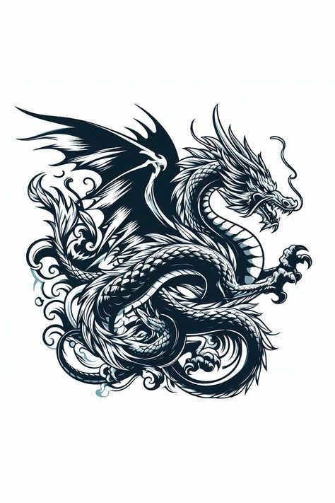 Monochrome dragon illustration - Detailed fantasy art featuring a mythical beast. Dragon Black And White, Dragon Tattoo Vector, Dragon Fantasy Art, Black And White Dragon, Grand Theft Auto Artwork, 30 Tattoo, Dragon Wolf, Dragon Black, Skull Sleeve Tattoos