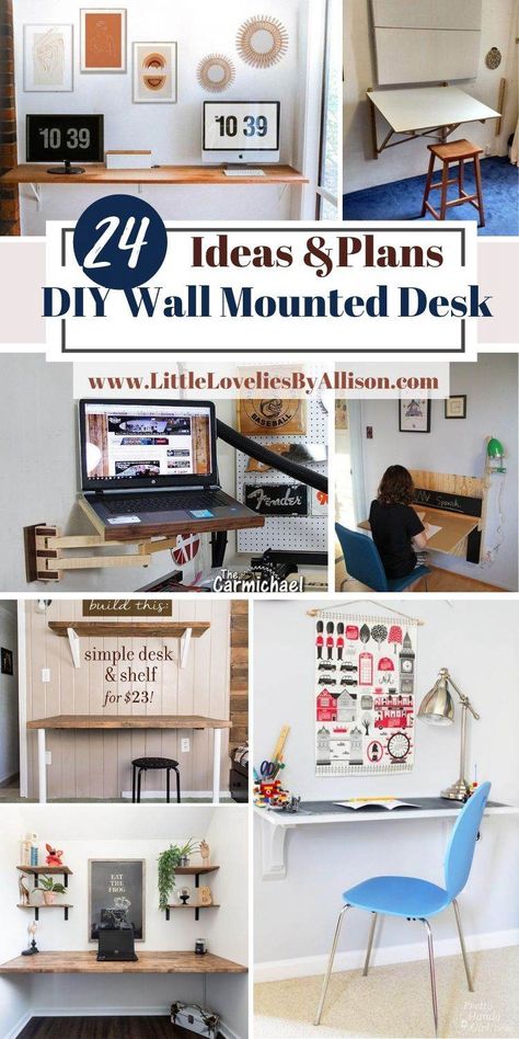 24 DIY Wall Mounted Desk Plans That You Would Love Wall Mounted Desk Floating, Diy Floating Desk With Storage, Diy Wall Desk Ideas, Diy Floating Desk Wall Mount, Wall Desk Ideas, Diy Small Desk, Stair Office, Floating Desk Diy, Diy Wall Desk