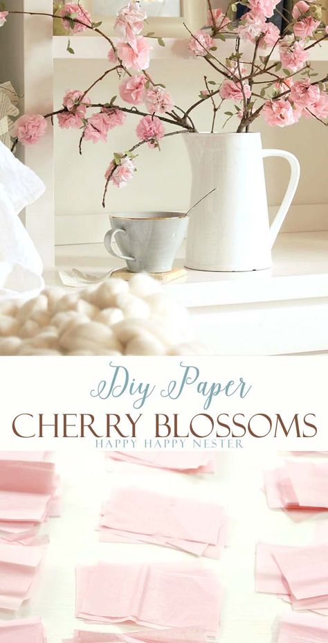 Paper flowers diy tutorial using tissue paper. Easy to make cherry blossoms that you attach to a real branch. These flowers are beautiful for your home. Spring Paper Flowers, Diy Paper Flowers Tutorial, Diy Frühling, Diy Fleur, Diy Shows, Diy Flores, Fleurs Diy, Diy Crafts Home Decor, Home Decor Diy Crafts