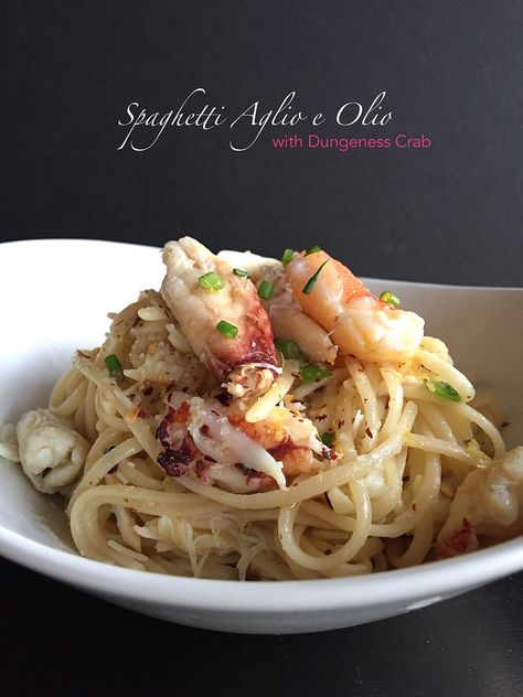 Crab Pasta Recipes, Dungeness Crab Recipes, Spaghetti Aglio E Olio, Crab Pasta, Spaghetti Aglio, Crab Dishes, Aglio E Olio, Dungeness Crab, Crab Recipes