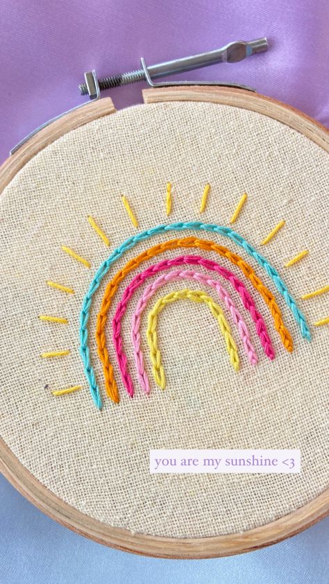 Rainbow embroidery on cloth using bright colors #embroidery #rainbow #rainbowembroidery #cute #handembroidery #needlework Embroidery Designs Rainbow, Rainbow Hand Embroidery, Embroidery Inspiration Easy, Rainbow Embroidery Design, Embroidery Rainbow Pattern, Embroidery On Kids Clothes, Basic Embroidery Designs, Embroidery Kids Clothes, Crochet Patterns Clothes