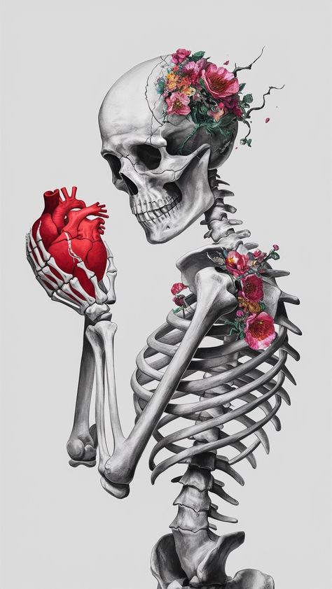 Skeleton And Heart Tattoo, Skeleton With Flowers Growing Out Of It, Flowers Growing Out Of Skeleton, X Ray Painting, Skeleton Reaching Out, Skeleton Holding Flowers Tattoo, Skull With Flowers Growing Out Of It, Skeleton Flower Art, Bones With Flowers