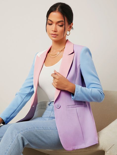 Multicolor Elegant Collar Long Sleeve Fabric Colorblock Regular Embellished Non-Stretch  Women Clothing Interview Outfit Casual, Women Blazers, Color Blocking Outfits, Office Wear Women, Corporate Outfits, Single Button Blazer, Classy Dress Outfits, Stylish Clothes For Women, Womens Blazers