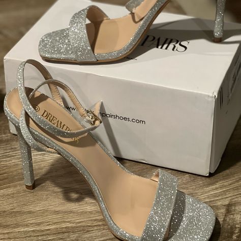 Beautiful New Silver Straps High Heel. Never Been Worn In The Box. 4 Inch Heel. Heels Glitter Silver, Silver Heels Thick Heel, Black And Silver Heels Prom, Silver Dance Shoes, Glittery Silver Heels, High Heels Silver Shoes, Prom Silver Heels, Cute Silver Heels, Prom High Heel