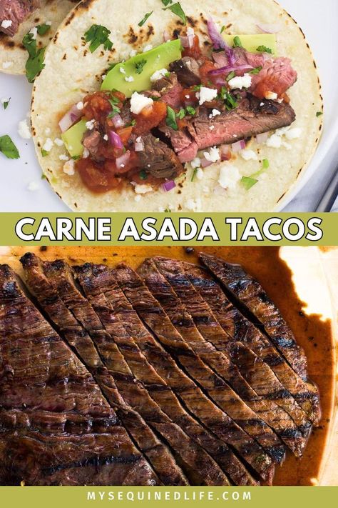 Sliced carne asada on a cutting board along with a carne asada taco. Carne Asada Tacos Marinade, Skirt Steak Marinade For Tacos, Marinade For Carne Asada Street Tacos, Best Carne Asada Marinade, Authentic Mexican Carne Asada Marinade, Grilled Carne Asada, Carne Asada Recipes Marinade Street Tacos Flank Steak, Asada Marinade, Carne Asada Marinade