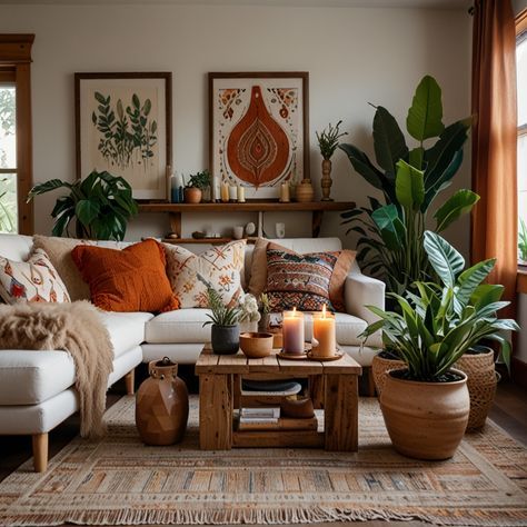 Mexico Aesthetic Living Room, Orange And Green Aesthetic Living Room, Mexican Theme Living Room, Mexican Home Aesthetic, Ivory Couch Living Room Decor, Brown Boho Living Room, Colourful Boho Living Room, Colorful Couch Living Room, Orange Boho Living Room